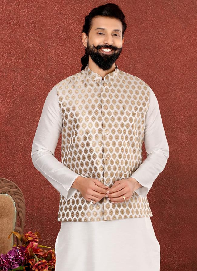 Jacquard Silk White Festival Wear Embroidery Work Readymade Men's Waist Coat